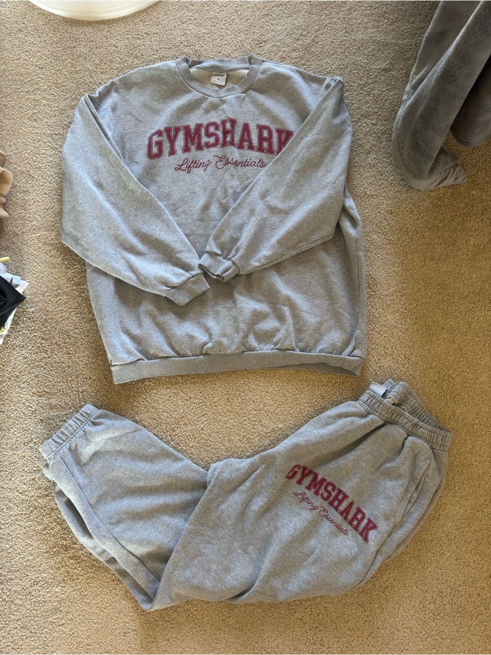 Gymshark Women’s Gray Sweatshirt & Joggers with Maroon Logo
